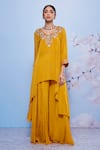 Buy Ajiesh Oberoi Yellow Chiffon, Cotton, Lycra Embroidery Chanda Asymmetric Kurta And Sharara Set at Aza Fashions Buy_Ajiesh Oberoi_Yellow Chiffon, Cotton, Lycra Embroidery Chanda Asymmetric Kurta And Sharara Set _at_Aza_Fashions