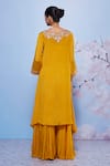 Shop Ajiesh Oberoi Yellow Chiffon, Cotton, Lycra Embroidery Chanda Asymmetric Kurta And Sharara Set at Aza Fashions Shop_Ajiesh Oberoi_Yellow Chiffon, Cotton, Lycra Embroidery Chanda Asymmetric Kurta And Sharara Set _at_Aza_Fashions