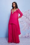 Buy_Ajiesh Oberoi_Pink Chiffon, Cotton, Lycra Embroidery Chanda Asymmetric Kurta And Sharara Set _Online_at_Aza_Fashions