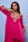 Shop_Ajiesh Oberoi_Pink Chiffon, Cotton, Lycra Embroidery Chanda Asymmetric Kurta And Sharara Set _Online_at_Aza_Fashions
