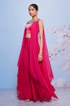 Buy_Ajiesh Oberoi_Pink Satin, Chiffon Embroidery Sweetheart Neck, Round Floral Jacket Sharara Set _Online_at_Aza_Fashions