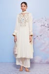 Ajiesh Oberoi_Ivory Chiffon Embroidered Floral Round Keyhole Kurta Palazzo Set _Online_at_Aza_Fashions