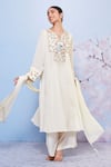 Ajiesh Oberoi_Ivory Chiffon Embroidered Floral Round Keyhole Kurta Palazzo Set _at_Aza_Fashions