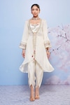 Buy_Ajiesh Oberoi_Ivory Chiffon Embroidered Thread Jacket Open Floral Dhoti Pant Set _Online_at_Aza_Fashions