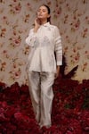 Buy_Vrinda by Pundrik Dubey_Ivory Chanderi Silk Embroidered Floral Shirt Collar Top And Pant Set _at_Aza_Fashions