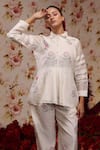 Shop_Vrinda by Pundrik Dubey_Ivory Chanderi Silk Embroidered Floral Shirt Collar Top And Pant Set _Online_at_Aza_Fashions