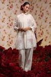 Buy_Vrinda by Pundrik Dubey_Ivory Chanderi Silk Embroidered Floral Shirt Collar Top And Pant Set _at_Aza_Fashions