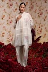 Buy_Vrinda by Pundrik Dubey_Ivory Chanderi Silk Embroidered Floral Shirt Collar Top And Pant Set _Online_at_Aza_Fashions