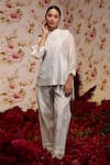 Buy_Vrinda by Pundrik Dubey_Ivory Chanderi Silk Embroidered Floral Mandarin Collar Top And Pant Set _at_Aza_Fashions