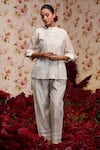 Shop_Vrinda by Pundrik Dubey_Ivory Chanderi Silk Embroidered Floral Mandarin Collar Top And Pant Set _Online_at_Aza_Fashions