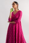 Tussah by Siddhi Shah_Pink Chanderi Hand Embroidered Sequins V Neck A-line Kurta And Pant Set  _Online_at_Aza_Fashions