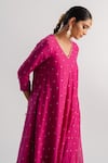 Shop_Tussah by Siddhi Shah_Pink Chanderi Hand Embroidered Sequins V Neck A-line Kurta And Pant Set  _Online_at_Aza_Fashions