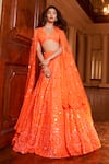 Buy_Seema Gujral_Orange Net Embroidery Sequin V Neck Neon Abstract Pattern Bridal Lehenga Set _at_Aza_Fashions