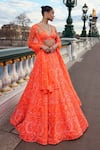 Seema Gujral_Orange Net Embroidery Sequin Neon Abstract Pattern Bridal Lehenga Set  _Online_at_Aza_Fashions