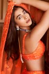 Shop_Seema Gujral_Orange Net Embroidery Sequin V Neck Neon Abstract Pattern Bridal Lehenga Set 