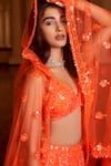 Seema Gujral_Orange Net Embroidery Sequin V Neck Neon Abstract Pattern Bridal Lehenga Set _at_Aza_Fashions