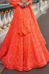 Seema Gujral_Orange Net Sequins V-neck Neon Abstract Pattern Embroidered Bridal Lehenga Set_Online