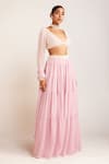Vvani by Vani Vats_Pink Georgette Embellished Pearls Plunge V Neck Blouse Sharara Set _Online_at_Aza_Fashions