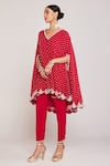 Vvani by Vani Vats_Red Georgette Embellished Pearls V Neck Asymmetric Cape And Pant Set  _Online_at_Aza_Fashions