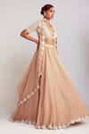 Vvani by Vani Vats_Beige Blouse Georgette Embellished Pearls V Neck Lehenga Set _Online_at_Aza_Fashions
