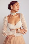 Buy_Vvani by Vani Vats_Beige Blouse Georgette Embellished Pearls Work Lehenga Set _Online_at_Aza_Fashions