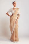 Buy_Vvani by Vani Vats_Beige Blouse Georgette Embellished Pearls V Neck Saree With Drop _at_Aza_Fashions