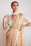 Buy_Vvani by Vani Vats_Beige Blouse Georgette Embellished Pearls V Neck Saree With Drop _Online_at_Aza_Fashions