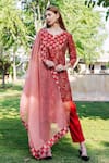 Buy_Missprint_Red Kurta Chanderi Print Floral Notched Round Neck Saira Set _at_Aza_Fashions