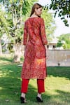 Shop_Missprint_Red Kurta Chanderi Print Floral Notched Round Neck Saira Set _at_Aza_Fashions