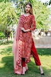 Shop_Missprint_Red Kurta Chanderi Print Floral Notched Round Neck Saira Set _Online_at_Aza_Fashions