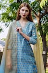 Missprint_Blue Kurta And Dupatta Chanderi Print Floral V Neck Straight Set _Online_at_Aza_Fashions