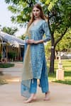 Buy_Missprint_Blue Kurta And Dupatta Chanderi Print Floral V Neck Straight Set _Online_at_Aza_Fashions