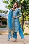 Missprint_Blue Kurta And Dupatta Chanderi Print Floral V Neck Straight Set _at_Aza_Fashions