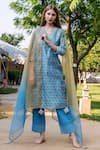 Buy_Missprint_Blue Kurta And Dupatta Chanderi Print Floral V Neck Straight Set 