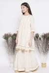 Little Bansi_Cream Cotton, Chiffon Embroidery Floral Kurta Sharara Set _Online_at_Aza_Fashions