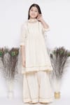 Shop_Little Bansi_Cream Cotton, Chiffon Embroidery Floral Kurta Sharara Set 