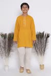 Shop_Little Bansi_Yellow Cotton Embroidery Kurta Set With Cream Jacket _Online_at_Aza_Fashions