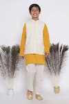 Buy_Little Bansi_Yellow Cotton Embroidery Kurta Set With Cream Jacket 