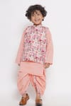 Buy_Little Bansi_Peach Cotton Embroidery Floral Printed Kurta Set With Nehru Jacket _at_Aza_Fashions