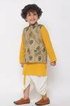 Little Bansi_Yellow Cotton Embroidery Kurta Set With Feather Print Nehru Jacket_Online_at_Aza_Fashions