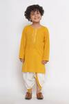 Shop_Little Bansi_Yellow Cotton Embroidery Kurta Set With Feather Print Nehru Jacket_Online_at_Aza_Fashions