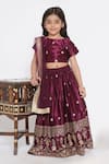 Buy_Little Bansi_Wine Gabardine, Cotton, Gingham, Silk Sequins, Embroidery Blouse Lehenga Set _at_Aza_Fashions