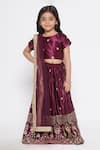 Little Bansi_Wine Gabardine, Cotton, Gingham, Silk Sequins, Embroidery Blouse Lehenga Set _Online_at_Aza_Fashions