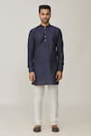 Spring Break_Blue Cotton, Silk Navy Pineapple Print Bundi And Kurta Set_Online_at_Aza_Fashions