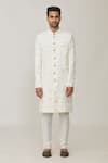 Spring Break_White Polyester Cotton Embroidery Lucknowi Sherwani Set _at_Aza_Fashions