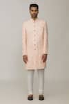 Spring Break_Pink Polyester Cotton Embroidery Lucknowi Full Sleeve Sherwani Set_Online_at_Aza_Fashions