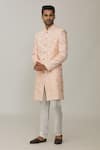 Buy_Spring Break_Pink Polyester Cotton Embroidery Lucknowi Full Sleeve Sherwani Set_Online_at_Aza_Fashions