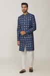 Buy_SPRING BREAK_Blue Polyester Cotton Embroidery Lucknowi Full Sleeve Sherwani Set _at_Aza_Fashions