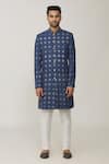 Spring Break_Blue Polyester Cotton Embroidery Lucknowi Full Sleeve Sherwani Set_Online_at_Aza_Fashions