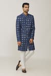 Buy_Spring Break_Blue Polyester Cotton Embroidery Lucknowi Full Sleeve Sherwani Set_Online_at_Aza_Fashions